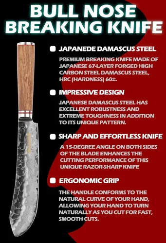 Miniatura 2 de YOUSUNLONG Cuchillo de carnicero japonés martillado de acero de Damasco de 8 pulgadas, mango de madera de nogal natural
