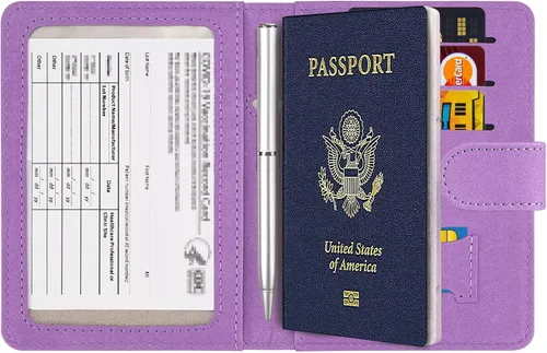 Miniatura 2 de Cartera de pasaporte mejorada y tarjetero de vacuna, multiusos, bloqueo RFID, cartera de cuero para pasaporte, soporte para tarjetas de vacuna CDC