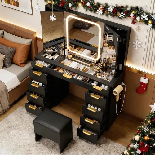 Miniatura 13 de Escritorio de tocador con 11 cajones con parte superior de cristal con silla, manijas de cristal con espejo y luces, tocador con toma de corriente