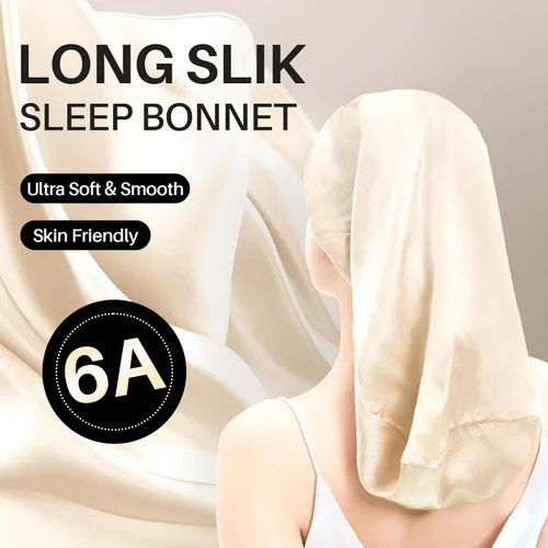 Miniatura 2 de Gorro largo 100% seda de morera para mujeres durmientes, gorro de seda de grado 6A con cabeza elástica, gorro de noche sedoso para trenzas de Beige