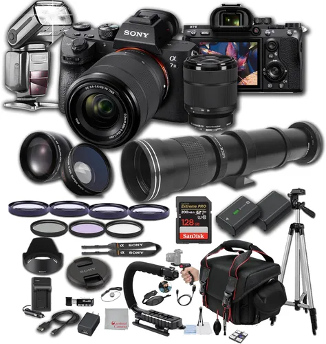 Sony a7 III con lente de 28-70mm, memoria Extreme de 128GB, lente super teleobjetivo de 420-800mm, flash Pro TTL, filtros, lentes, estuche para
