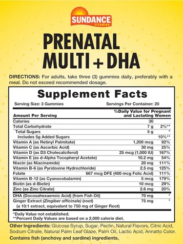 Miniatura 2 de Sundance Gomitas prenatales de vitamina para mujeres, con DHA y folato, 60 unidades, sabor a fruta, para uso antes, durante y después del embarazo