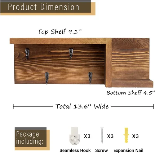 Miniatura 7 de AKKO Soporte de madera para llaves decorativo de pared, organizador de correo y llaves con 4 ganchos para llaves y estante flotante en forma de "Z