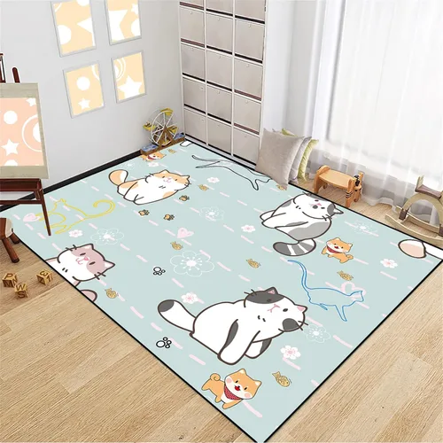 Miniatura 26 de Alfombra de gatos de dibujos animados para niñas, bonita decoración de habitación de niños, alfombra con temática de animales azules, alfombra ultra