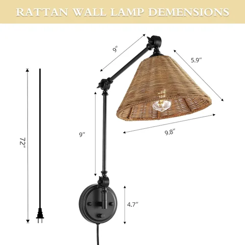 Miniatura 2 de WINGBO Lámpara de pared envuelta en ratán, lámpara de pared ajustable con brazo oscilante, lámpara vintage de mesita de noche, de mimbre, hecha a