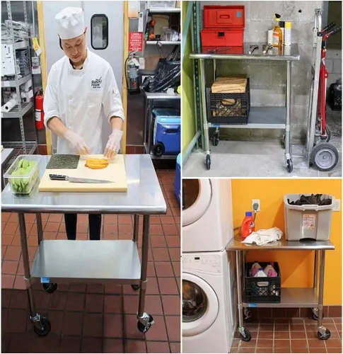 Miniatura 2 de Mesa de trabajo comercial de acero inoxidable con estante inferior y ruedas (24x72)