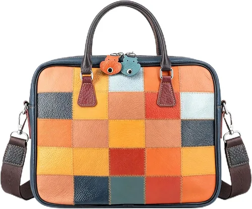 Miniatura 9 de Top Grain Leather Laptop Bag Handbag Multicolor Patchwork Laptop Messenger Crossbody Shoulder Bags for Men and Women