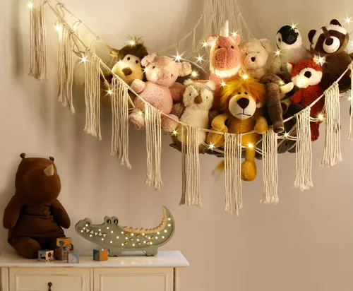 Miniatura 6 de RelaxScene Hamaca esquinera de animales de peluche con luz LED, hamaca de almacenamiento de juguetes, red de peluche grande, organizador colgante