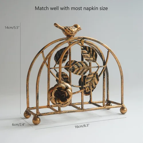 Miniatura 6 de Servilletero clásico vintage de bronce con pájaro y rosa/dispensador de pañuelos independiente de mesa