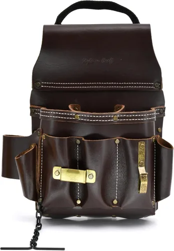 Style n Craft 10-Pocket Electrician's Tool Pouch, Heavy-Duty Leather with Metal Tape Clip, Metal Tape Chain and Fixed Snap, Durable Full-Grain