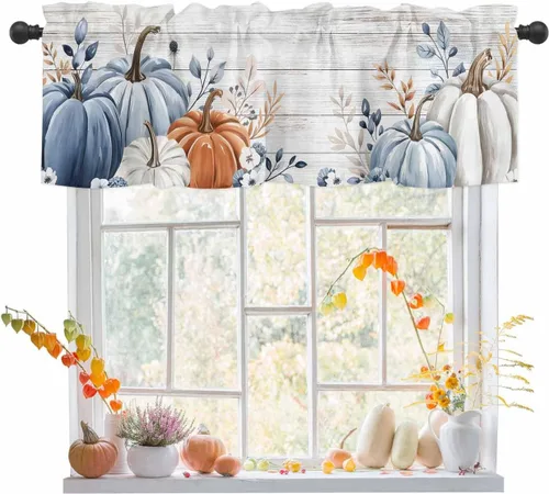 Cenefas de cortina de otoño de calabaza naranja azul gris para ventanas de sala de estar, cenefas de cortina de Acción de Gracias para dormitorio,