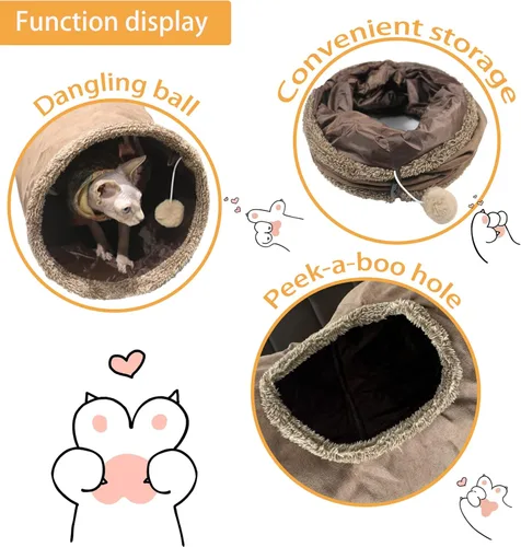 Miniatura 2 de Túnel para gatos de interior, túnel plegable para gatos grandes de 51 x 12 pulgadas, túneles de gamuza marrón para mascotas con dos mirillas y una
