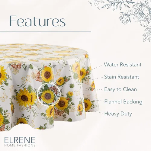 Miniatura 4 de Elrene Home Fashions - Mantel vintage floral de girasol resistente al agua y a las manchas con respaldo de franela, 52 pulgadas X 52 pulgadas