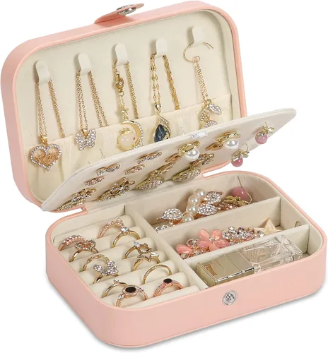 XZUZ Joyero de viaje, organizador de joyas pequeño de piel sintética para niñas y mujeres, mini estuche de viaje portátil de doble capa para guardar