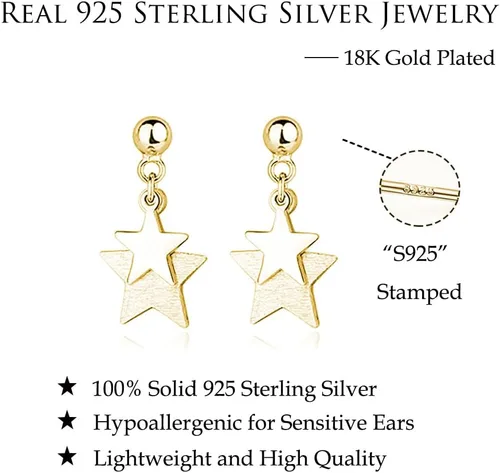 Miniatura 7 de Reffeer Aretes de tuerca de plata de ley 925 maciza con doble estrella para mujer, aretes de estrella pequeña