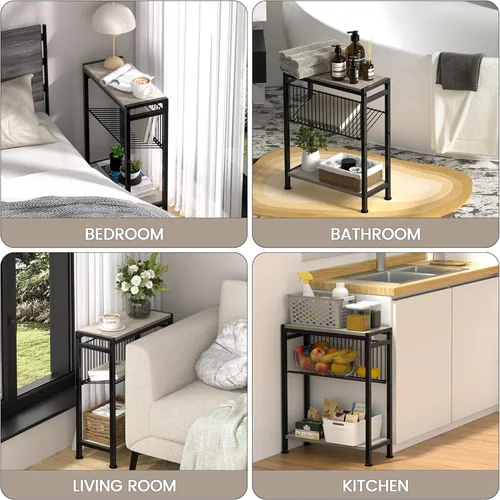 Miniatura 8 de Mesa auxiliar pequeña para espacios pequeños, mesa auxiliar estrecha de 3 niveles con portarevistas, mesita de noche delgada, mesa delgada para Gris