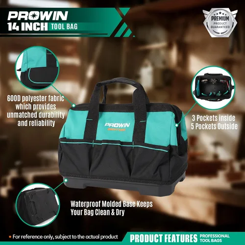 Miniatura 5 de Prowin Bolsa de herramientas de 14 pulgadas, organizador de herramientas con múltiples bolsillos con parte inferior impermeable de plástico, bolsa