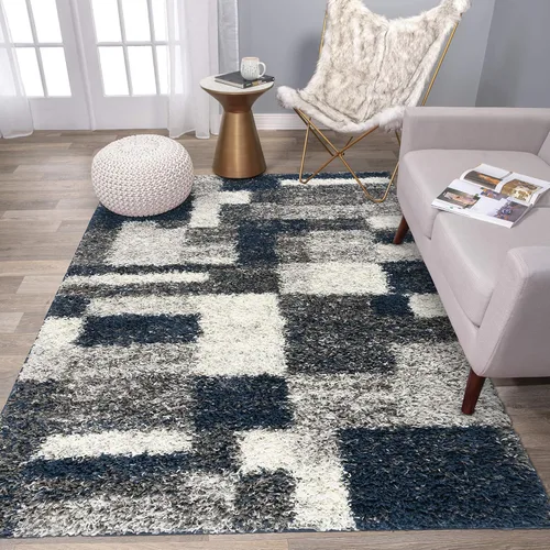 Miniatura 8 de Rugshop Alfombra de felpa de cuadros modernos desgastados azul marino, no desprende pelusa, suave para sala de estar, comedor y oficina, 7 pies 10
