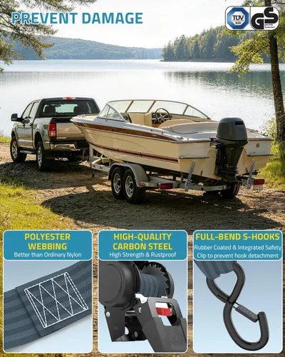 Miniatura 5 de PAULINN Retractable Ratchet Straps 2 Inch x 6 FT, 2 Packs Heavy Duty Trailers Boats Transoms Mount Straps Set w/Mounting Bolts for Large Boats and