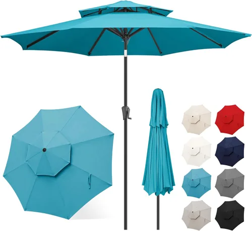 Miniatura 10 de FLAME&SHADE Sombrilla de Patio de 9 pies - Sombrilla para Exteriores de 2 Niveles con Botón de Inclinación y Manivela para Protección UV, Sombrilla