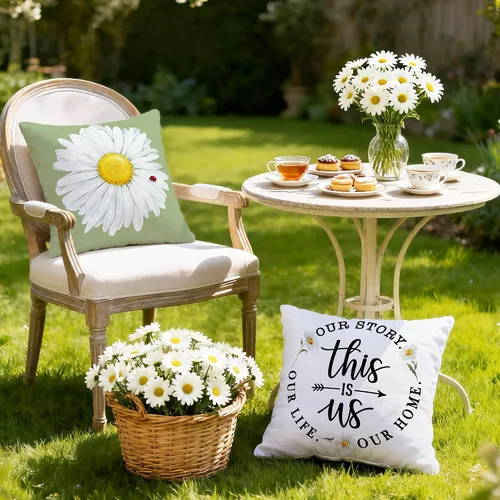 Miniatura 5 de Hexagram Juego de 4 fundas de almohada de primavera y verano de 16 x 16 pulgadas, diseño de margaritas florales para exteriores, funda de cojín azul