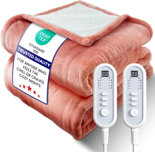 Miniatura 10 de Manta térmica eléctrica tamaño King, franela y sherpa de alta calidad ultra acogedora, distribución uniforme del calor y temperatura estable