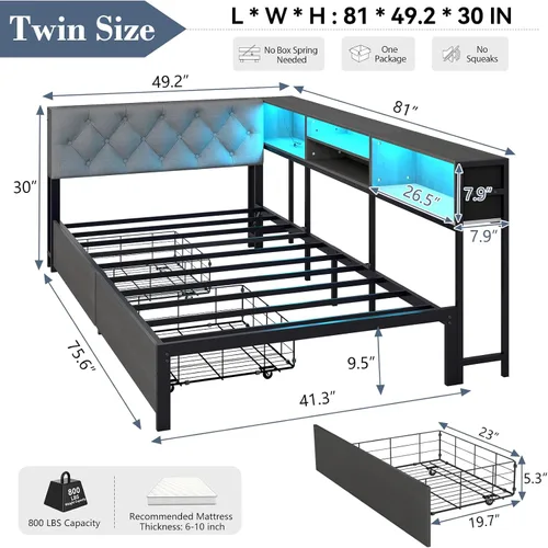 Miniatura 3 de Marco de cama de esquina tamaño twin con estante de almacenamiento y cabecero, cama de plataforma de esquina con luces LED y estación de carga, cama