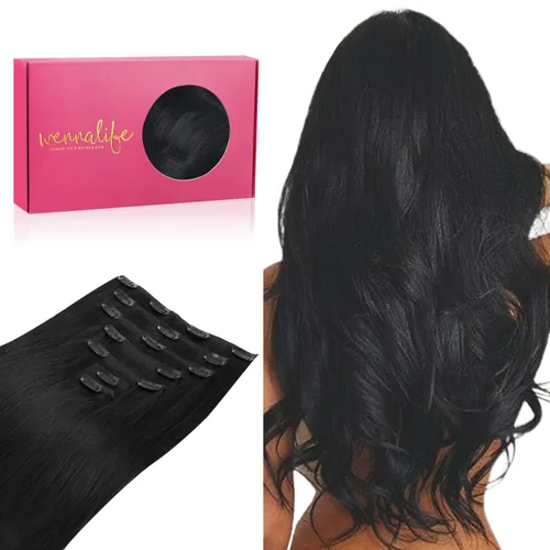WENNALIFE Extensiones de cabello humano real con broches, 20 pulgadas, 4.23 oz, 7 piezas de extensiones de cabello humano con clip, color negro