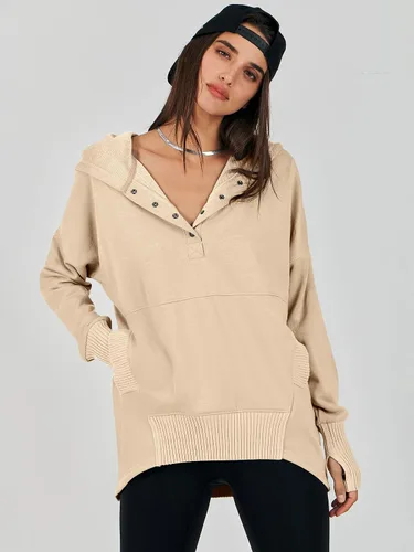 Miniatura 2 de ANRABESS Sudadera casual con botones y cuello en V para mujer, sudadera de gran tamaño con capucha y bolsillos