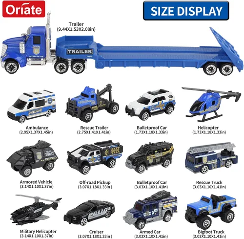 Miniatura 3 de Oriate Diecast Police Rescue City S.W.A.T. Juego de juguetes de coche con patrulla de remolque resistente, 13 piezas de aleación mini vehículos