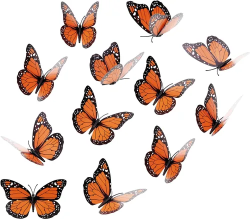 Penta Angel Decoraciones de mariposa monarca, 12 calcomanías de pared de mariposa artificial 3D de 4.7 pulgadas para manualidades, otoño, Halloween,
