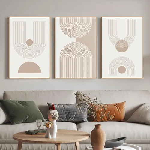 Zessonic Arte de pared moderno bohemio de mediados de siglo, lienzo enmarcado abstracto, pintura de líneas geométricas neutrales, obra de arte