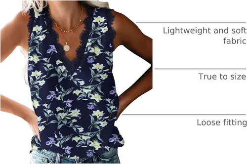 Miniatura 194 de VIISHOW - Camiseta sin mangas, sexy, con cuello en V y bordes de encaje para mujer, camisola de vestir, camisas de gasa, sin mangas, casuales