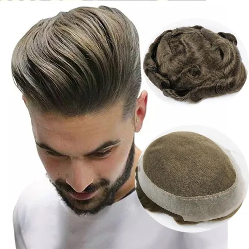 Miniatura 10 de SIMBEAUTY Encaje francés con base australiana con poliuretano alrededor de los hombres, peluca de cabello humano cómoda onda, sistema de reemplazo