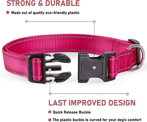 Miniatura 2 de Collar reflectante para perro con hebilla, collares de nailon de seguridad ajustables para perros pequeños, medianos y grandes, rosa intenso