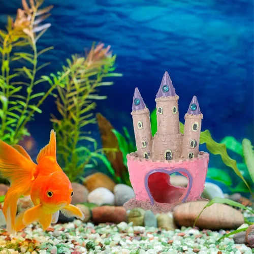 Miniatura 5 de Mipcase Decoración de acuario de castillo de dibujos animados con cueva de peces oculta, adorno para pecera pequeña para agua dulce y salada