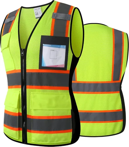 Miniatura 20 de Chaleco de seguridad reflectante de alta visibilidad para hombres y mujeres con bolsillos y cremallera frontal, cumple con los estándares ANSI/ISEA