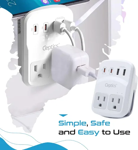 Miniatura 6 de Kit de adaptador de viaje mundial Ceptics 2 USB-A, USB-C, tomas de corriente EE. UU., entrega de potencia 20W/QC 18W, protección contra