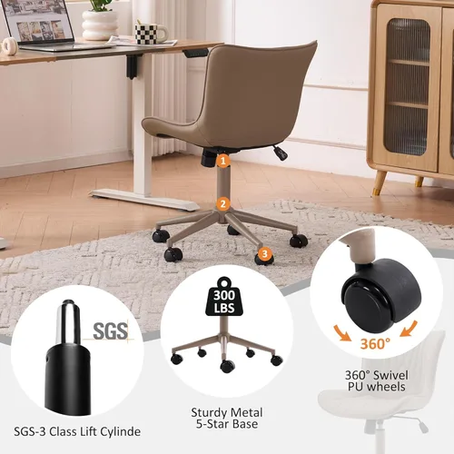 Miniatura 6 de YOUTASTE Silla de oficina color caqui, moderna silla de escritorio sin brazos con respaldo, silla giratoria ajustable de piel sintética con ruedas