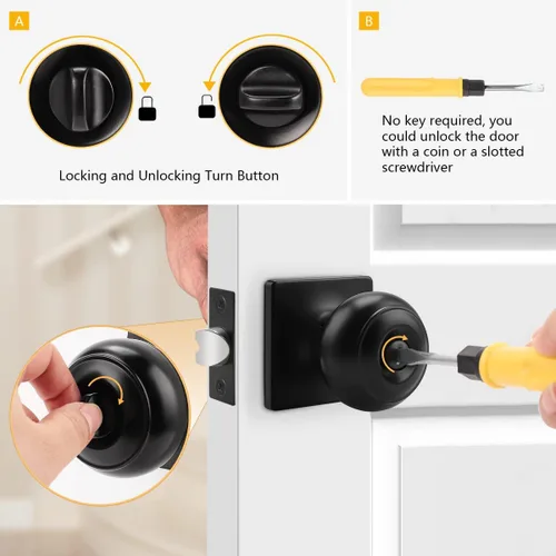 Miniatura 4 de Probrico Perillas negras para cama/baño con roseta cuadrada, cerraduras para puertas interiores sin llave, paquete de 5