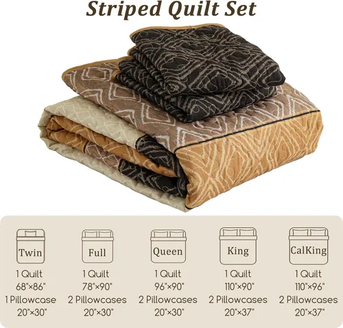 Miniatura 6 de Cottolester Juego de edredón de otoño de 2 piezas, tamaño individual, colcha de retazos a rayas marrones para hombres y mujeres, juego de ropa