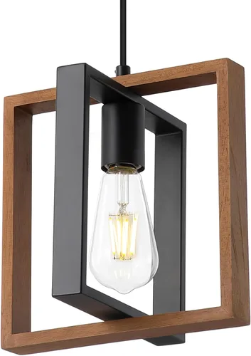 9MMML Iluminación colgante industrial pequeña, lámpara colgante de cocina estilo granja con cable, madera+metal, 1 luz E26 para comedor dormitorio