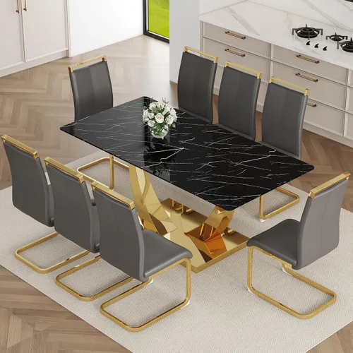 Miniatura 23 de Juego de Mesa de Comedor Negra para 6, Mesa de Comedor de Mármol Falso de 71" para 6, Juego de Mesa de Cocina Rectangular con Sillas de Cuero PU