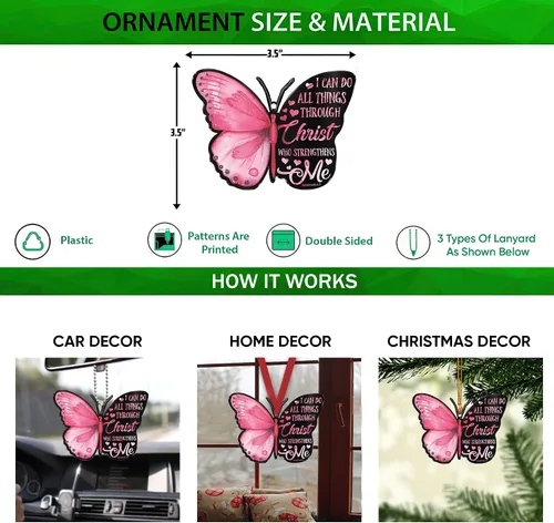 Miniatura 2 de Talataca Mariposa rosa con texto en inglés "I Can Do All Things Through Christ Strengthens Me" 2D Flat Car Rear View Mirror Accessories Christmas