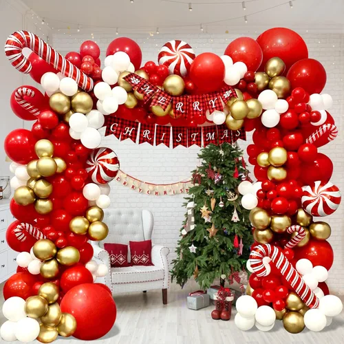 DBKL Kit de arco de guirnalda de globos de Navidad, 153 piezas con globos de Navidad, rojo, dorado y blanco, globo de aluminio de bastón de caramelo