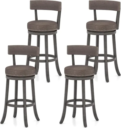 Miniatura 11 de COSTWAY Taburete de bar giratorio de 27 pulgadas, con respaldo acolchado y patas de madera de goma, silla de desayuno para isla de cocina