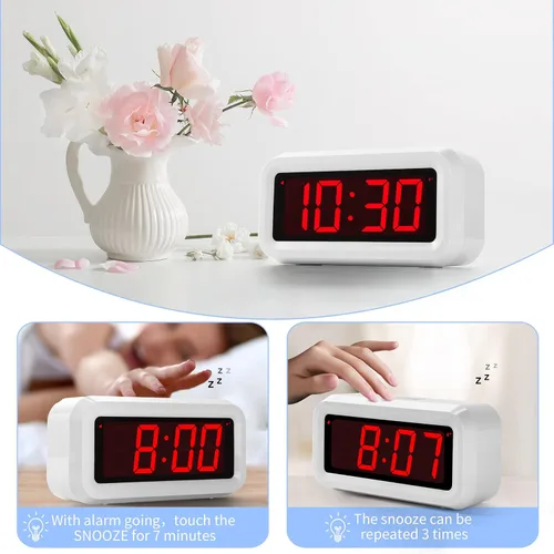 Miniatura 4 de Reloj despertador, reloj digital, modo nocturno automático, brillo LED de 3 niveles, funciona con pilas, 12/24 horas, pantalla de dígitos rojos
