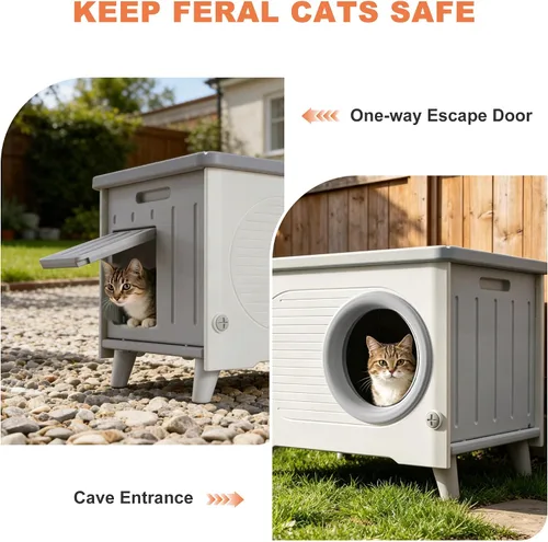 Miniatura 6 de Casa para gatos al aire libre, resistente a la intemperie, refugio para gatos con puerta de escape y solapa de puerta de PET, apilable elevado