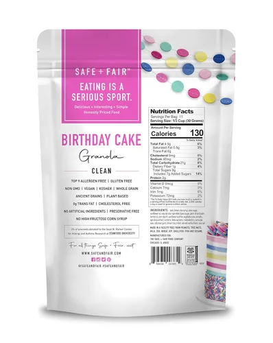 Miniatura 2 de Safe + Fair - Granola de Pastel de Cumpleaños, sin gluten, vegano y a base de plantas con chispitas naturales, 0g de grasas trans, sin OGM, kosher