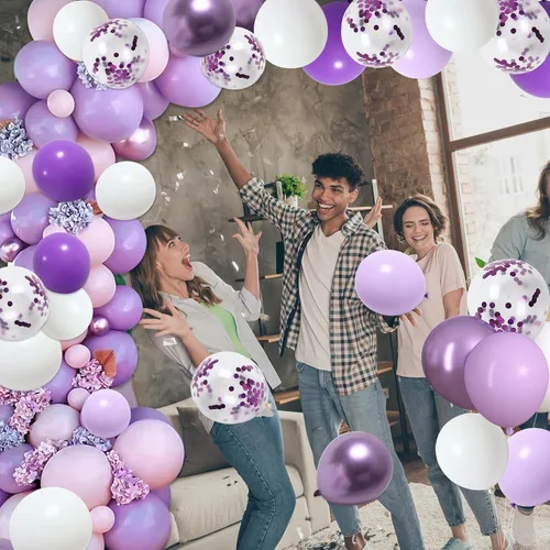 Miniatura 7 de RUBFAC 65 Piezas Globos Morados Lavanda de 12 Pulgadas, Globos Metálicos Morados y de Confeti para el Día de San Valentín, Baby Shower, Cumpleaños